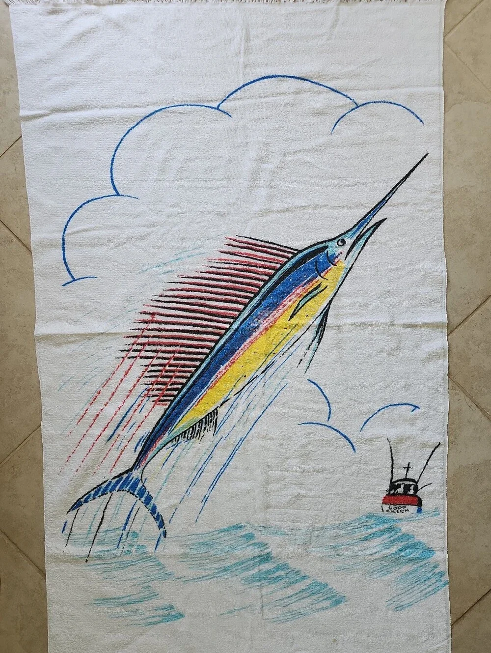 Lot of 2 Vtg Cannon Beach Towel w fringe Good Catch Sailfish graphic 60s 70s